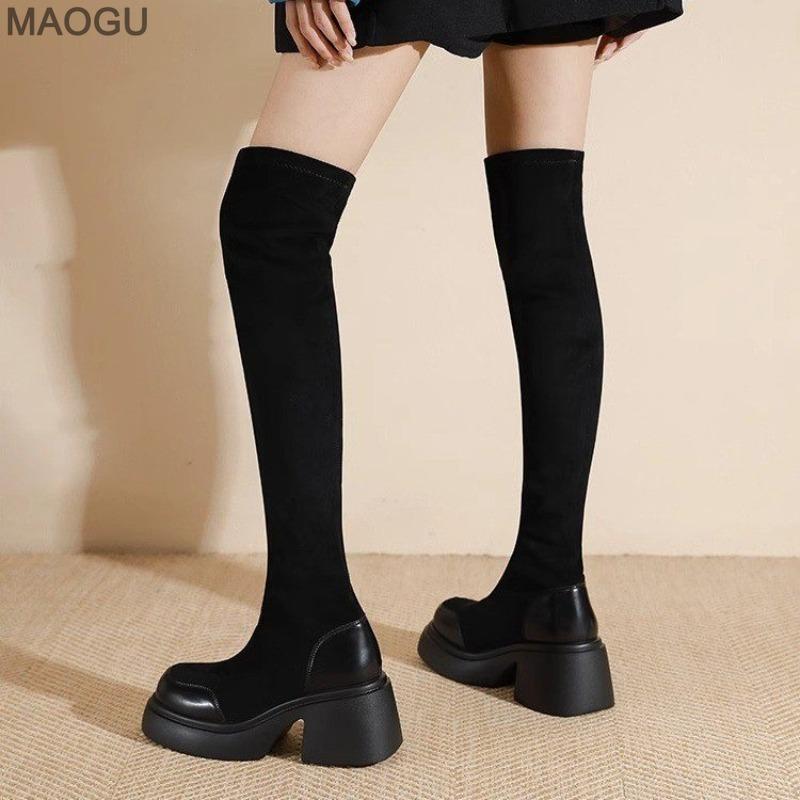 Women's Stretch Thigh High Boots Black Platform Over-the-Knee Modern Long Boots Fashion Slip on Short Plush Winter Botas Mujer
