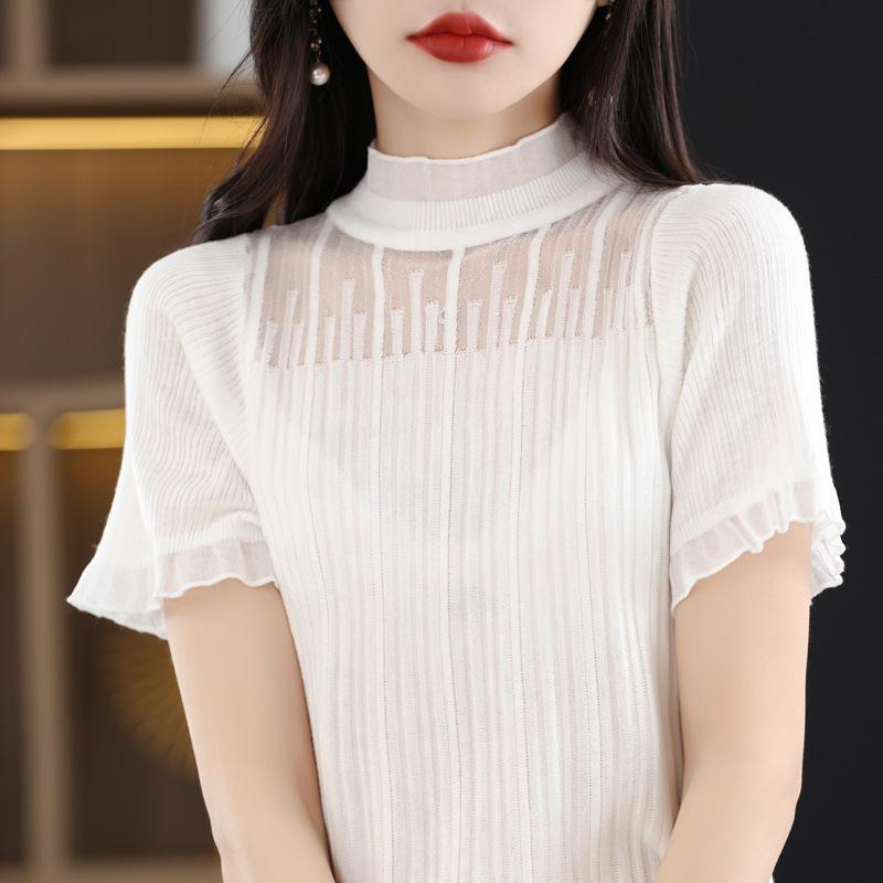 

Half-high Lace Collar Hollow Wood Ear T-shirt Half-sleeved Spring and Autumn Top Base Shirt Lace Collar To Make You Look Slim Vest S