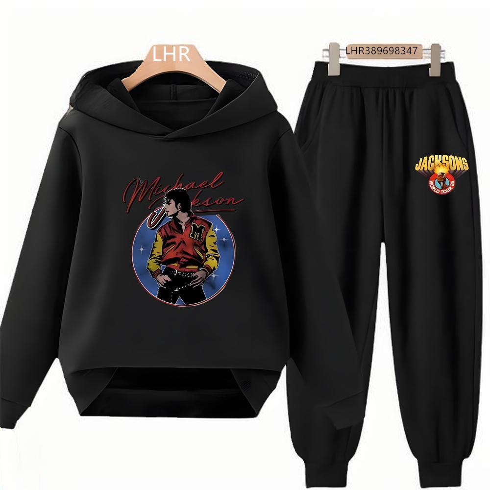 Black Michael Jackson Print Kids Hoodie Black Boy Girl Pink Clothing Casual Coat Top+Trousers Child Outdoors Set Autumn