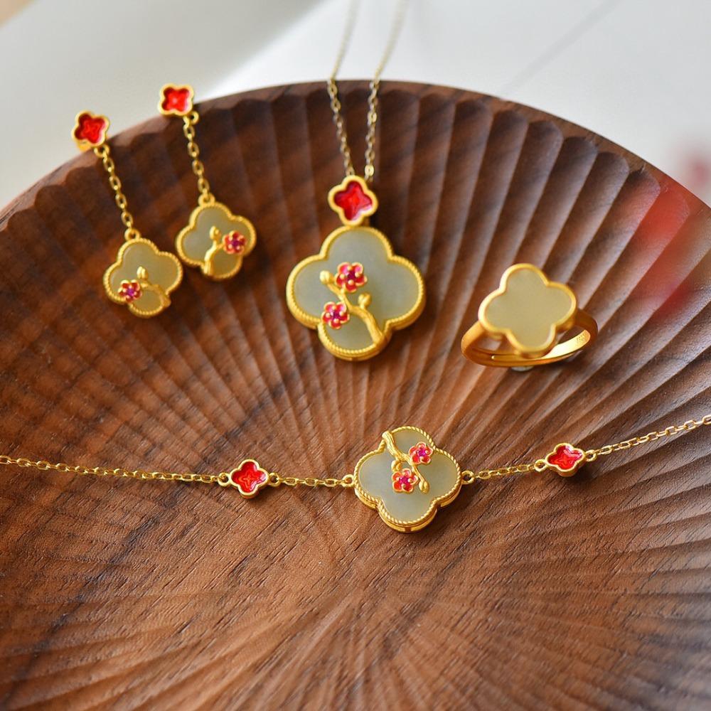 Women Jewelry Set Clover Earrings Necklace Bracelet Ring Vintage Enamel Painted Hanfu Accessories Imitation Hetian Jade