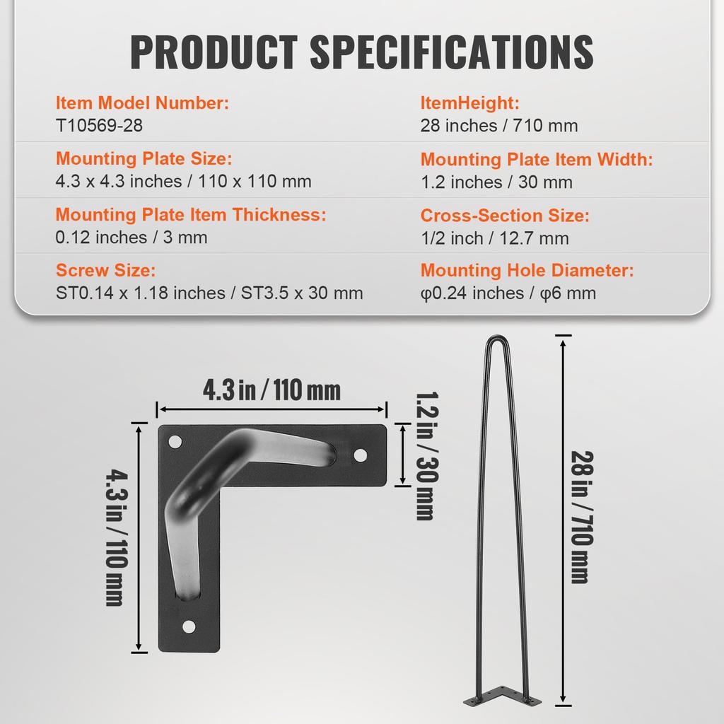 VEVOR 711.2MM Hairpin Furniture Legs, Metal Home DIY Projects for Nightstand, Coffee Table, Desk, 226.8KG Load Capacity with Rubber Floor Protectors
