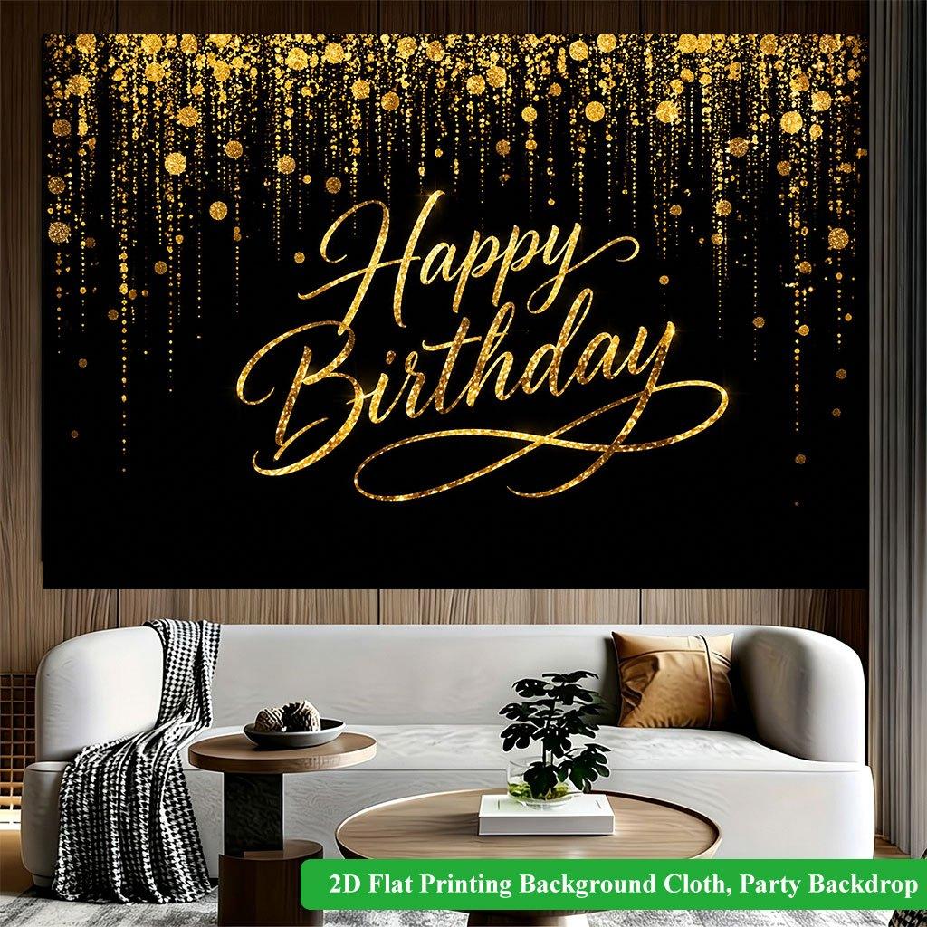 2D Flat Backdrop1pc Gold Decor Happy Birthday Backdrop Banner Polyester Wall Decor For Living Room Bedroom Office Outdoor Decor Holiday Gift