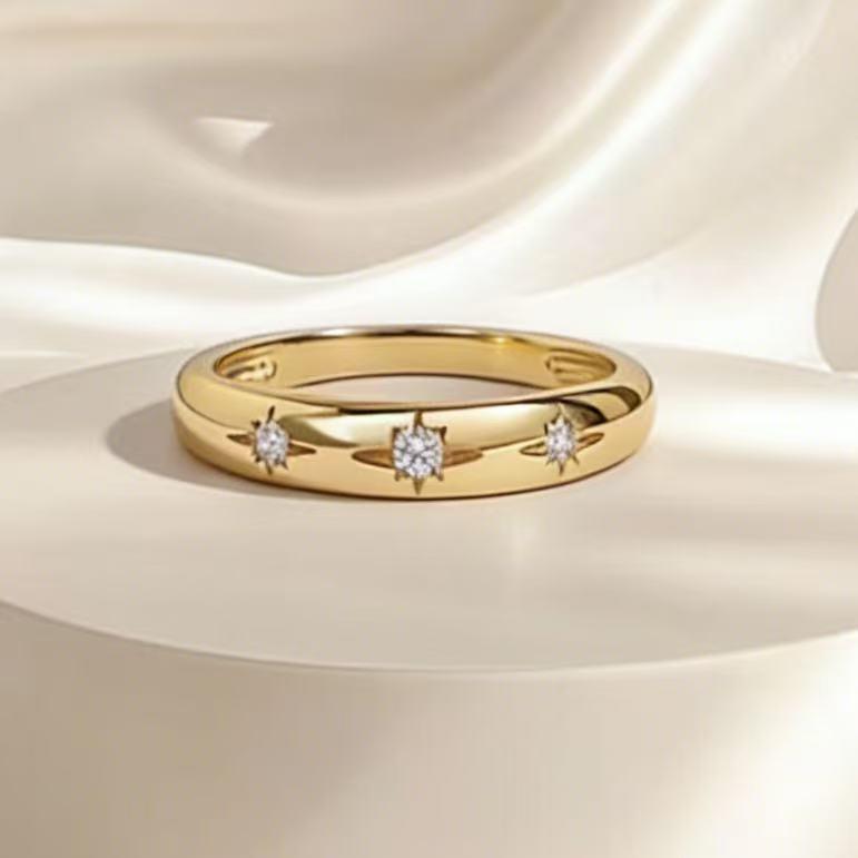 Niche Design Two-Tone Eight-Pointed Star Ring with Diamond Inlay Size 10