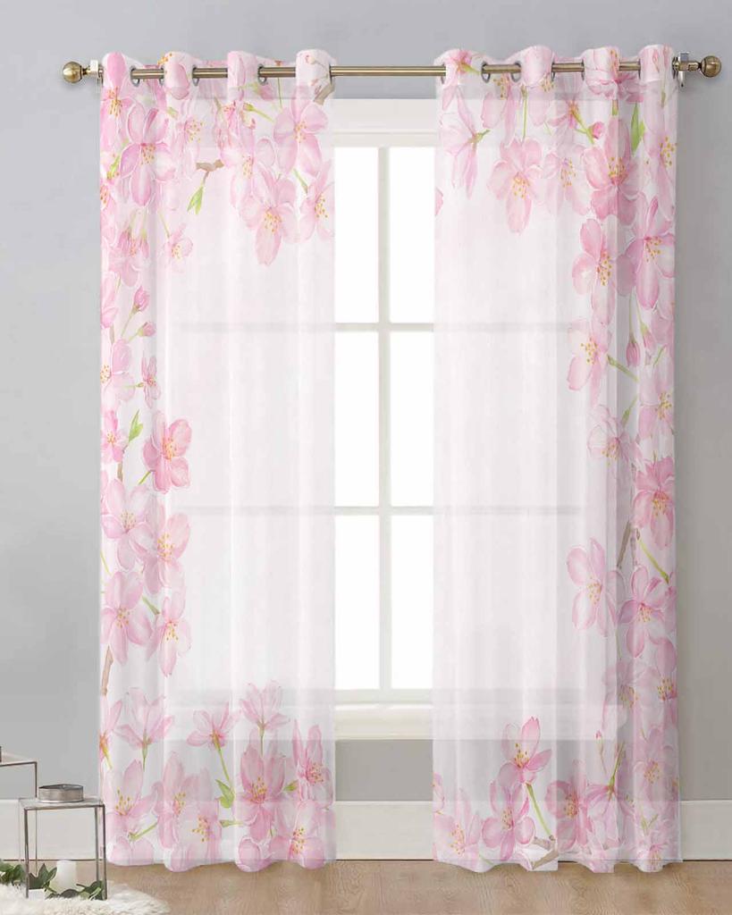 Watercolor Cherry Blossom Sheer Curtains for Living Room Decoration Window Curtains for Kitchen Tulle Voile Organza Curtains