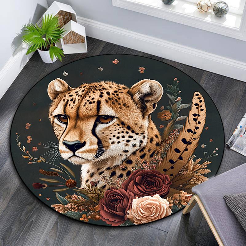 

Cheetah and Flowers Round Area Rug,Carpet Rug for Living Room Bedroom Sofa Playroom Decor,Non-slip Floor Mat 80cmx80cm