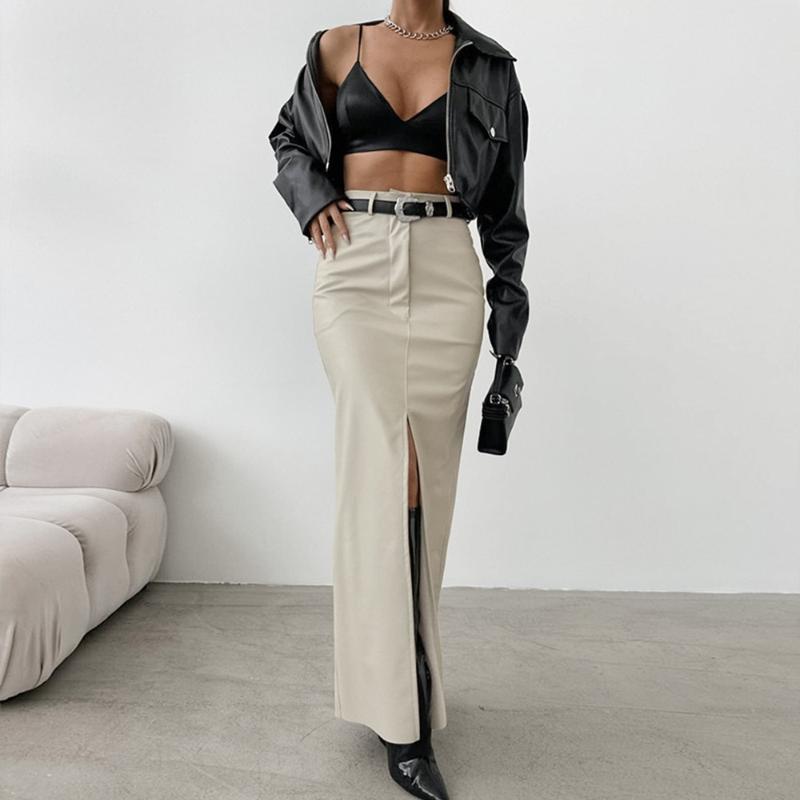 Pu Faux Leather Skirts Women Casual Office High Waist Warm Split Long Lady Skirt Autumn Winter Fashion New Lady Streetwear