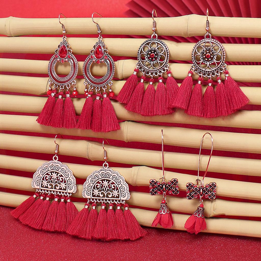 Conjuntos Combinados de Brincos Femininos Estilo Vintage Borla Vermelha Gota para a Orelha Boa Sorte Geometria Contas Fluídas Fácil Combinação Roupa Diária