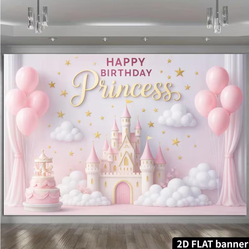 2D Princess Birthday Backdrop - Pink Balloon & Castle Banner for Girl's Magical Birthday Photoshoot
