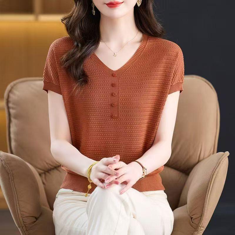 Summer Women's Knitted Short Sleeved T-shirt Knitted Loose Top Slimming Mom