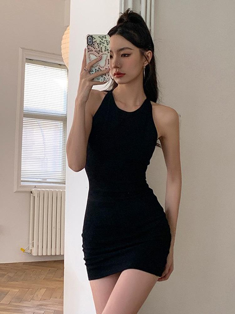 Summer new black Spice Girl sexy neck tight dress female design halter thin hip short skirt