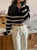 Women's Versatile Color Block Striped Knit Sweater - 2024 Autumn/Winter Half-High Collar Zipper Lapel