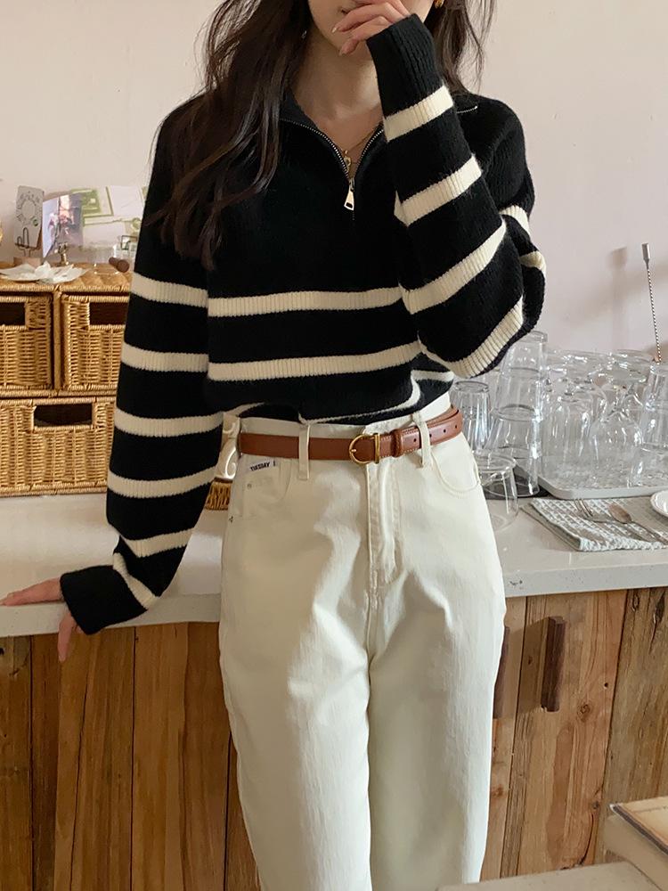 Women's Versatile Color Block Striped Knit Sweater - 2024 Autumn/Winter Half-High Collar Zipper Lapel