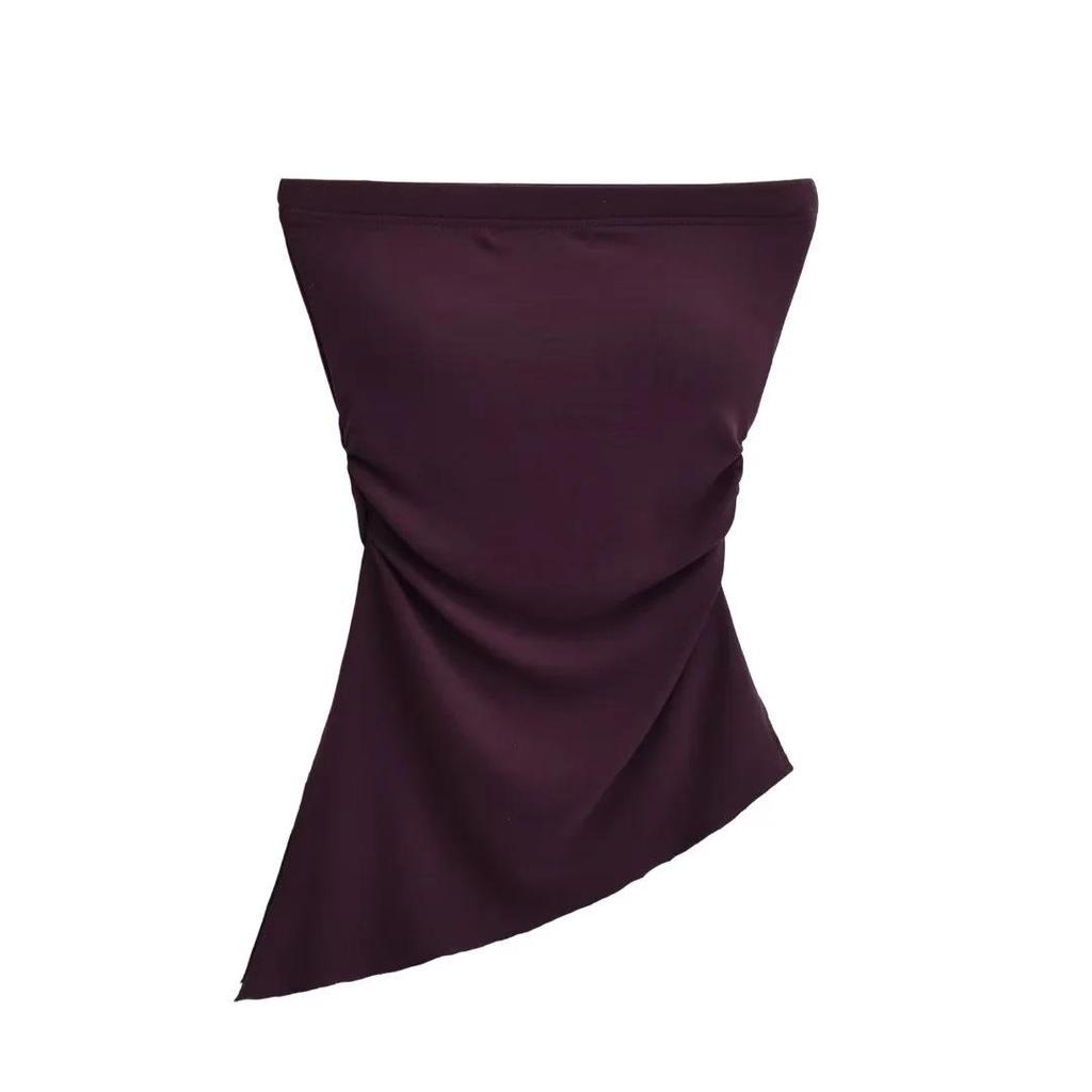 Irregular Slit Padded Bandeau Summer Top with Ruched Waist