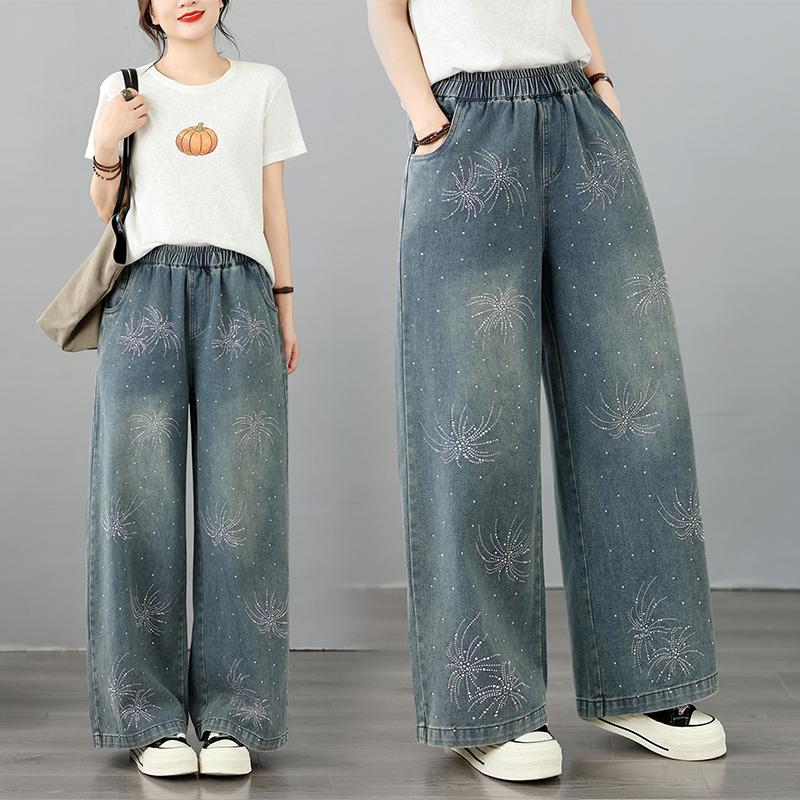DIMANAF 2026 Summer New Plus Size Women Jeans Elastic Waist Long Pants Beading Loose Casual Denim Cotton Trousers Fashion Lady