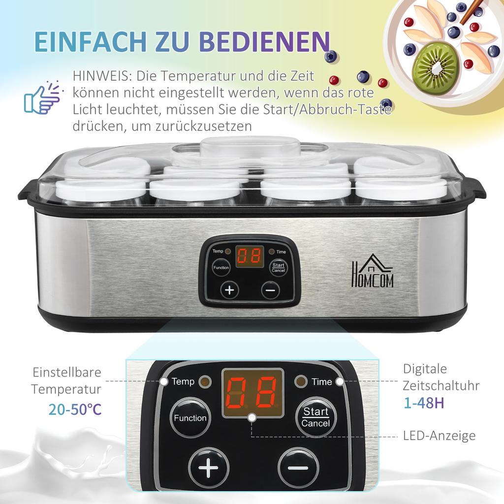 Joghurtbereiter, Griechischer Joghurtbereiter mit Deckel, 8 BPA-freie Glas-Innenbehälter à 180 ml, Joghurtbereiter mit LCD-Display-Timer