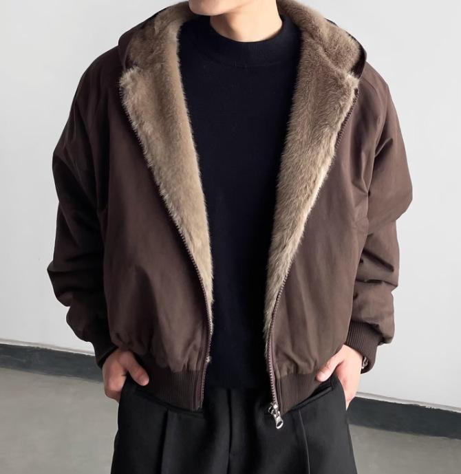 American High Street Hooded Cotton Jacket - Men s Winter Fur Collar Outerwear Large (L)