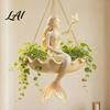 Garden Landscaping Accessories Fairy Ballet Dancer Mermaid Hanging Planter Resin Decorative Flower Pot with Metal Chain Hand Carved Planter Outdoor