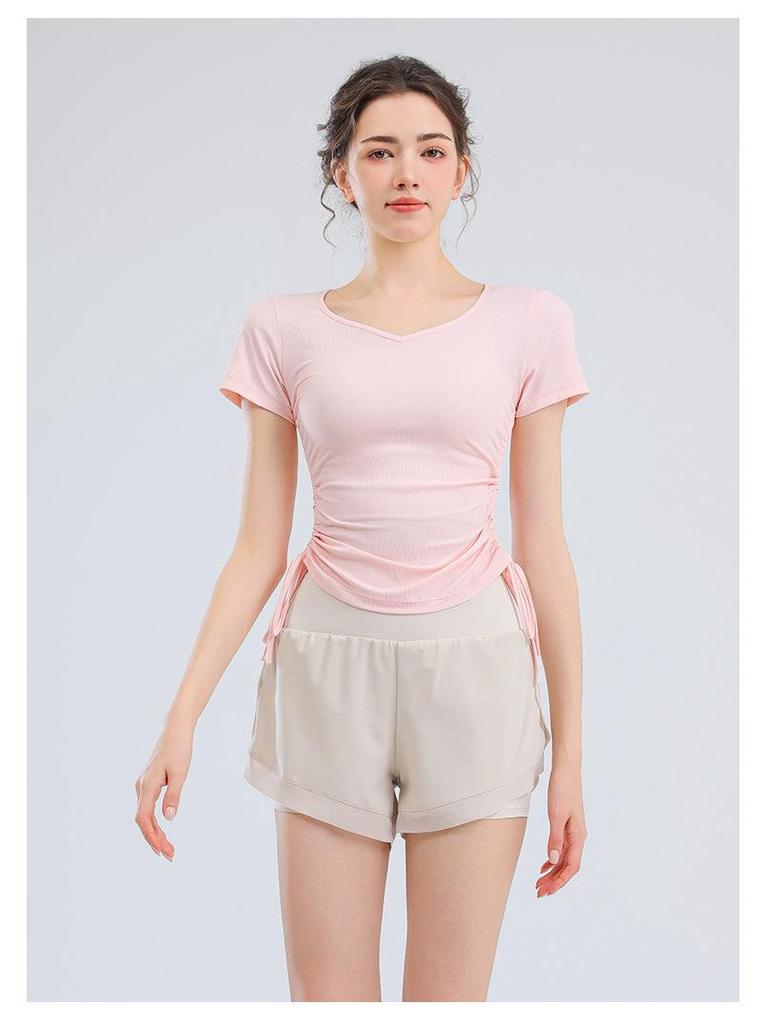 Women's V-Neck Short Sleeve Sports T-Shirt - Solid Color, Breathable, Slimming Fitness Top for Spring/Summer.