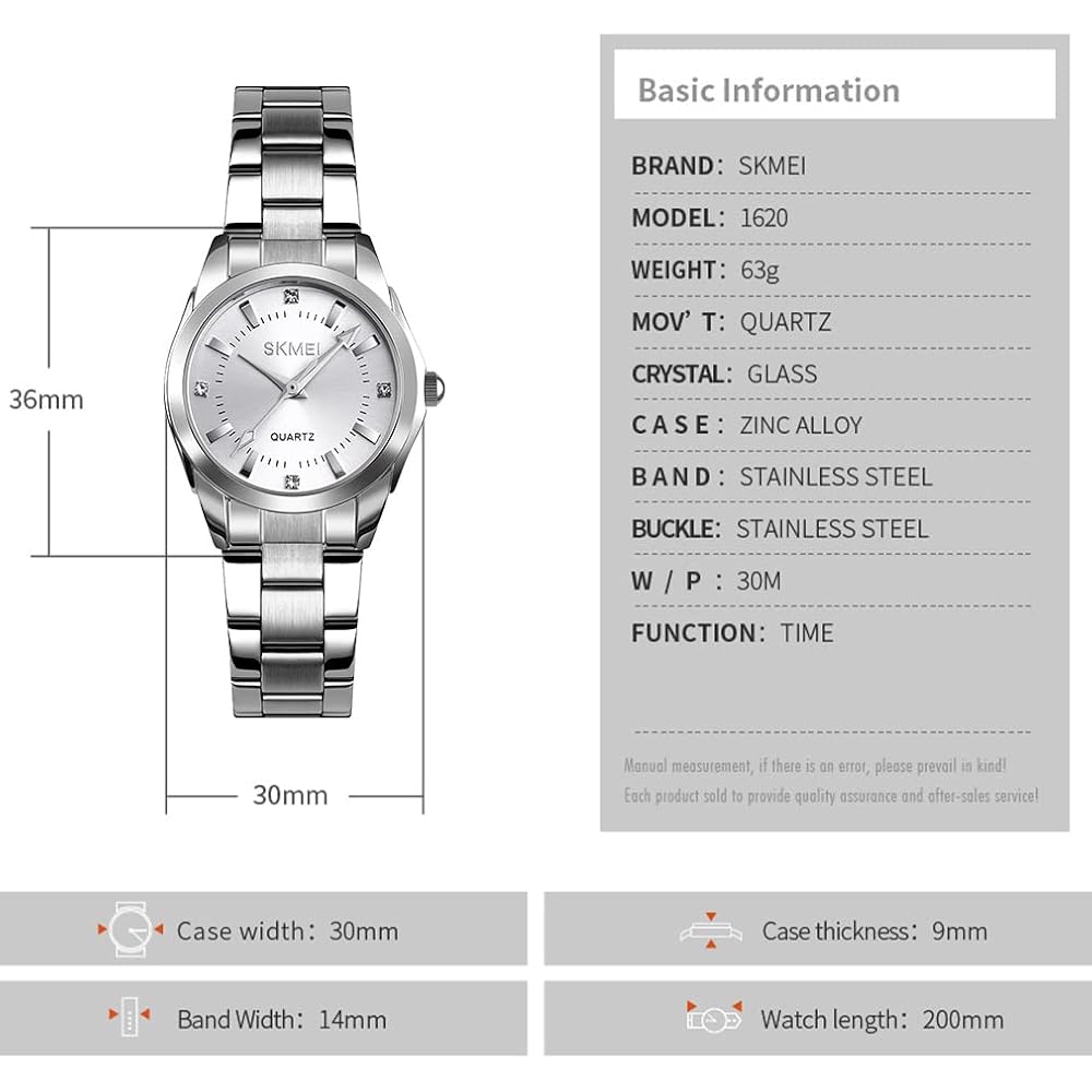 SKMEI Women's Classic Analog Quartz Watch Stainless Steel Waterproof Casual Silver
