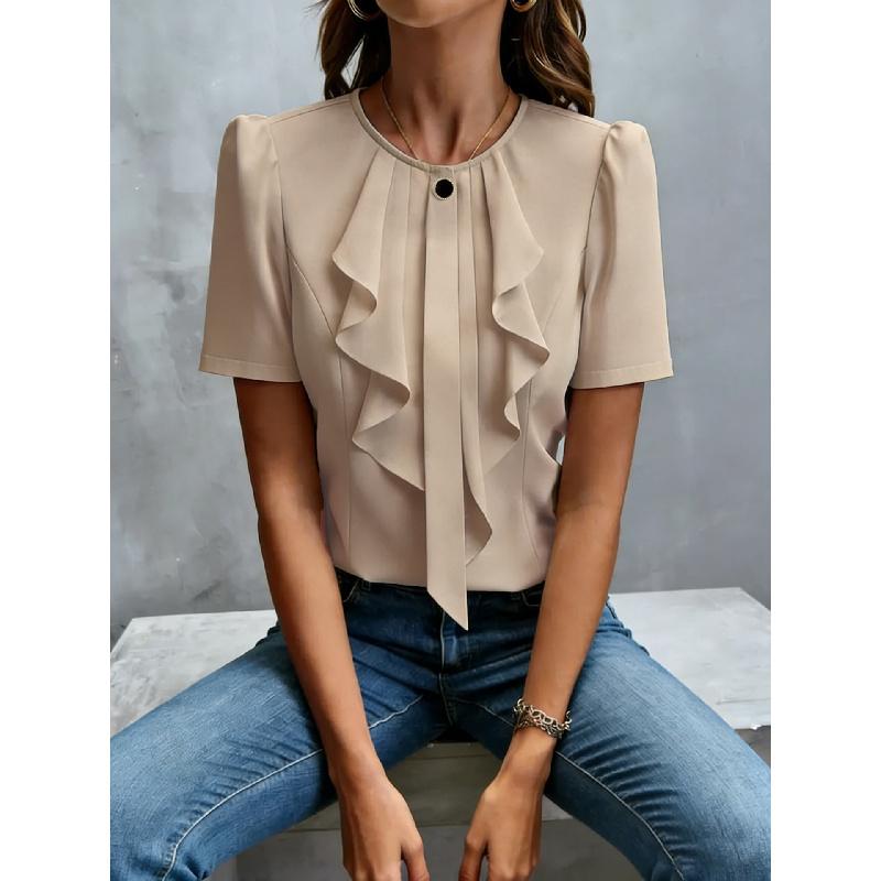 2026 New Women's Summer Ruffled Pleated Round Neck Short Sleeve Shirt Top