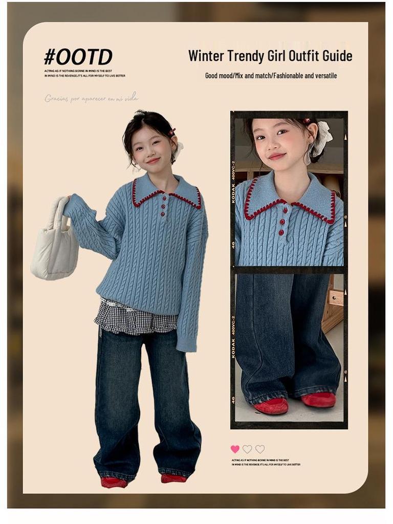 Mädchen 2025 Fleecegefüttertes Pullover- & Jeans-Set - Stilvolles Herbst-/Winter-Outfit für große Kinder