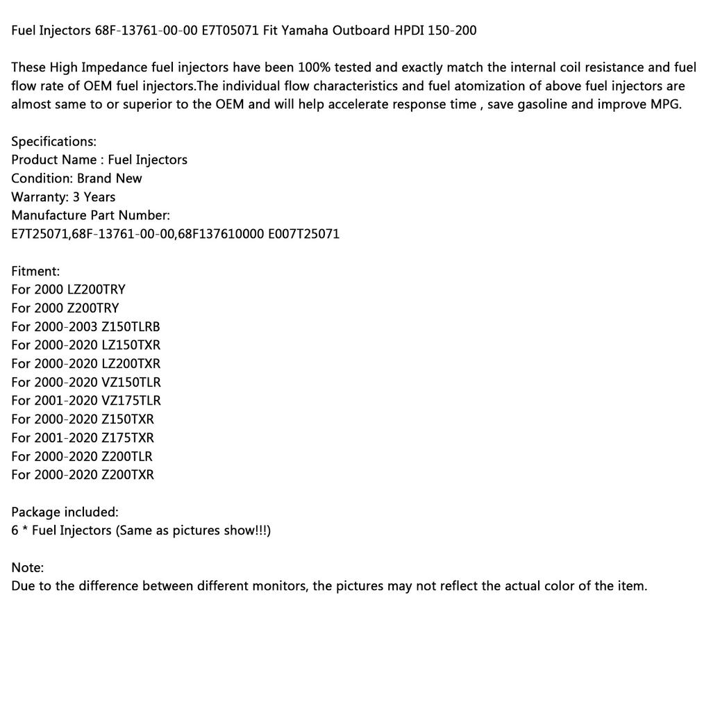 6pcs Fuel Injector 68F-13761-00-00 E7T05071 Fit for Yamaha Outboard HPDI 150-200