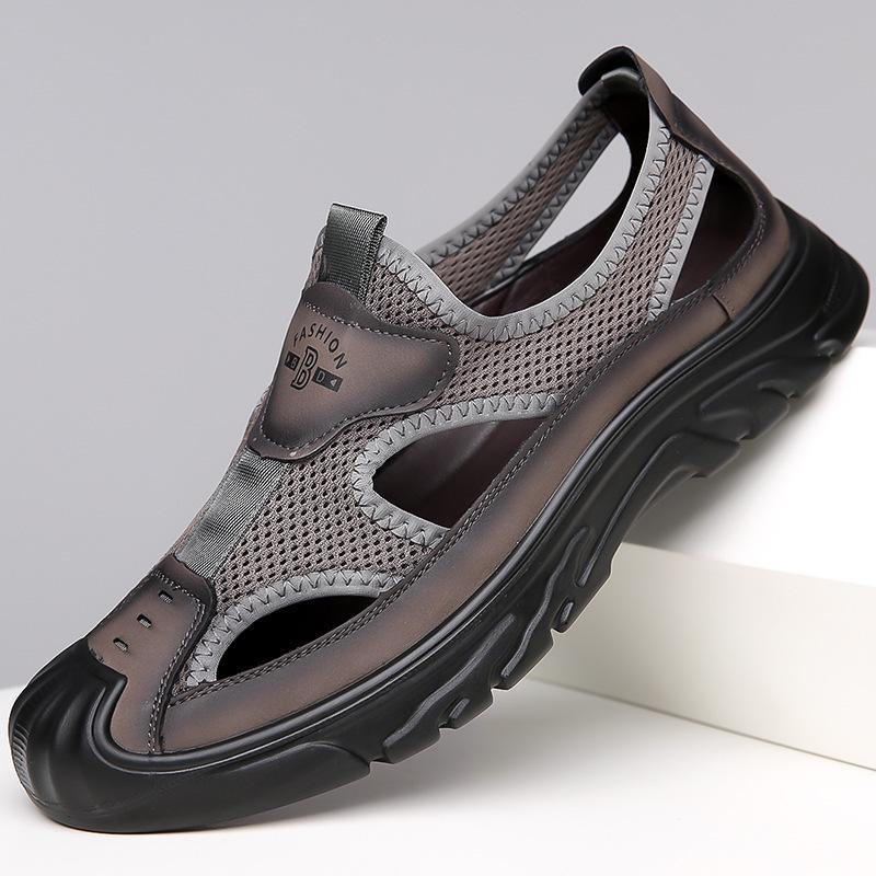 Summer New Men's Daily Casual Leather Shoes Men's Handmade Online Mesh Breathable Bag Head Sandals Men
