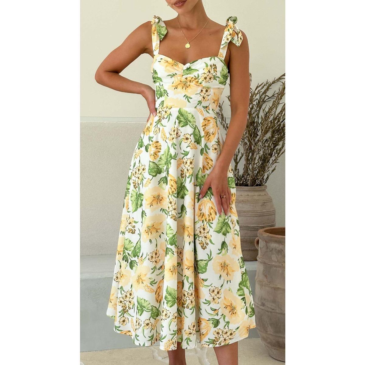 Women s Sweetheart Neck Sleeveless Midi Dress Slim Fit Mid Waist Casual Ditsy Floral Tie Strap Sundress S жёлтый