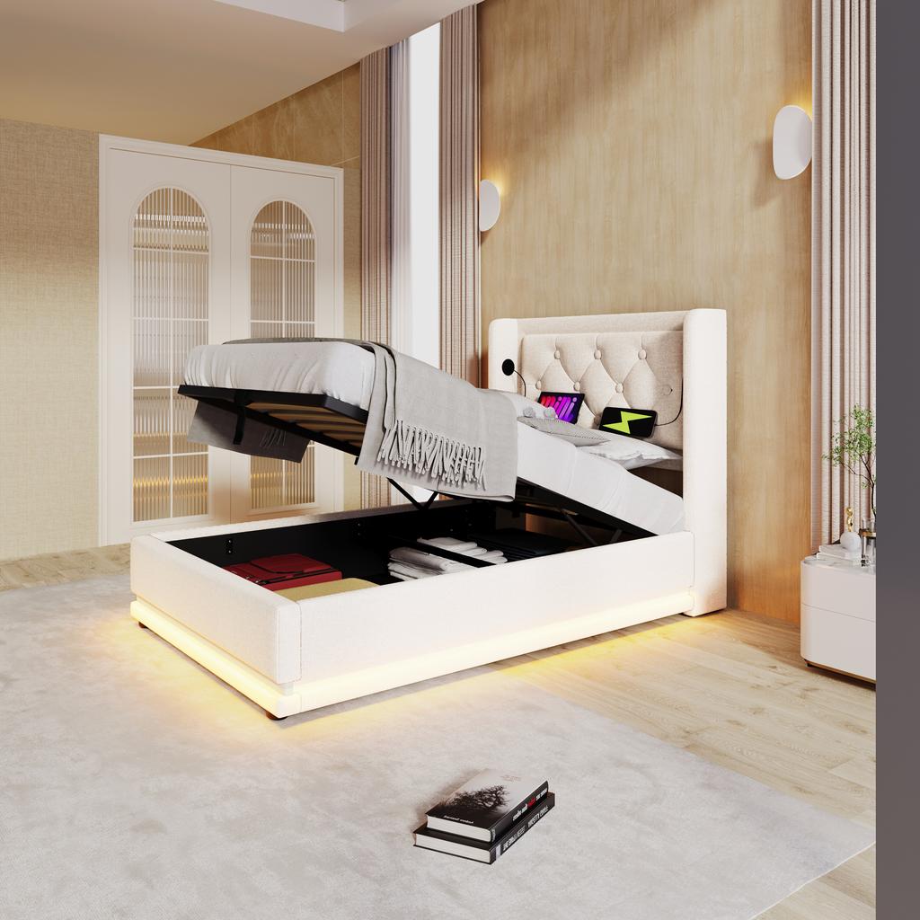 Upholstered Single Bed 90*200 cm, Beige Cotton Hydraulic Storage, Headboard with USB Type-C Charging, 3-Sided LED Function (Without Mattress)