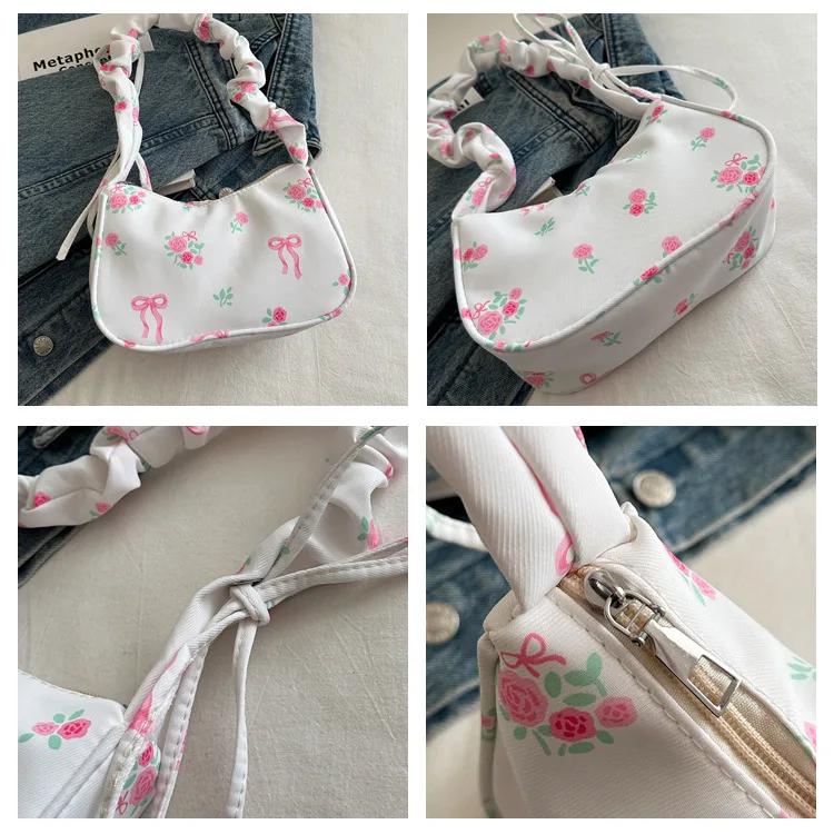 Lovely Flowers Print Shoulder Bags for Women Sweet Floral Ladies Underarm Bag Pleated Strap Female Handbags Small Clutch Purse