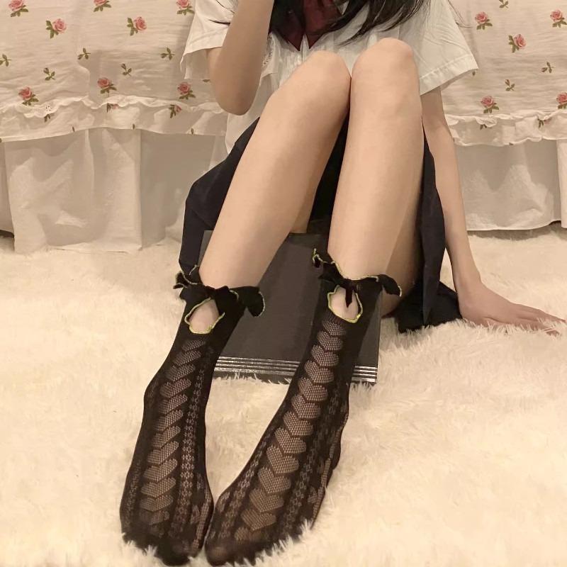 New Designer White Black Socks Women Sexy Fishnet Breathable Frill Edge Long Sock Japanese Style JK Lolita Kawaii Bowknot Socks