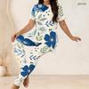 Women Plus Size Two Piece Set Round Neck Short Sleeve Floral Printed Longline Top Fitted Pants