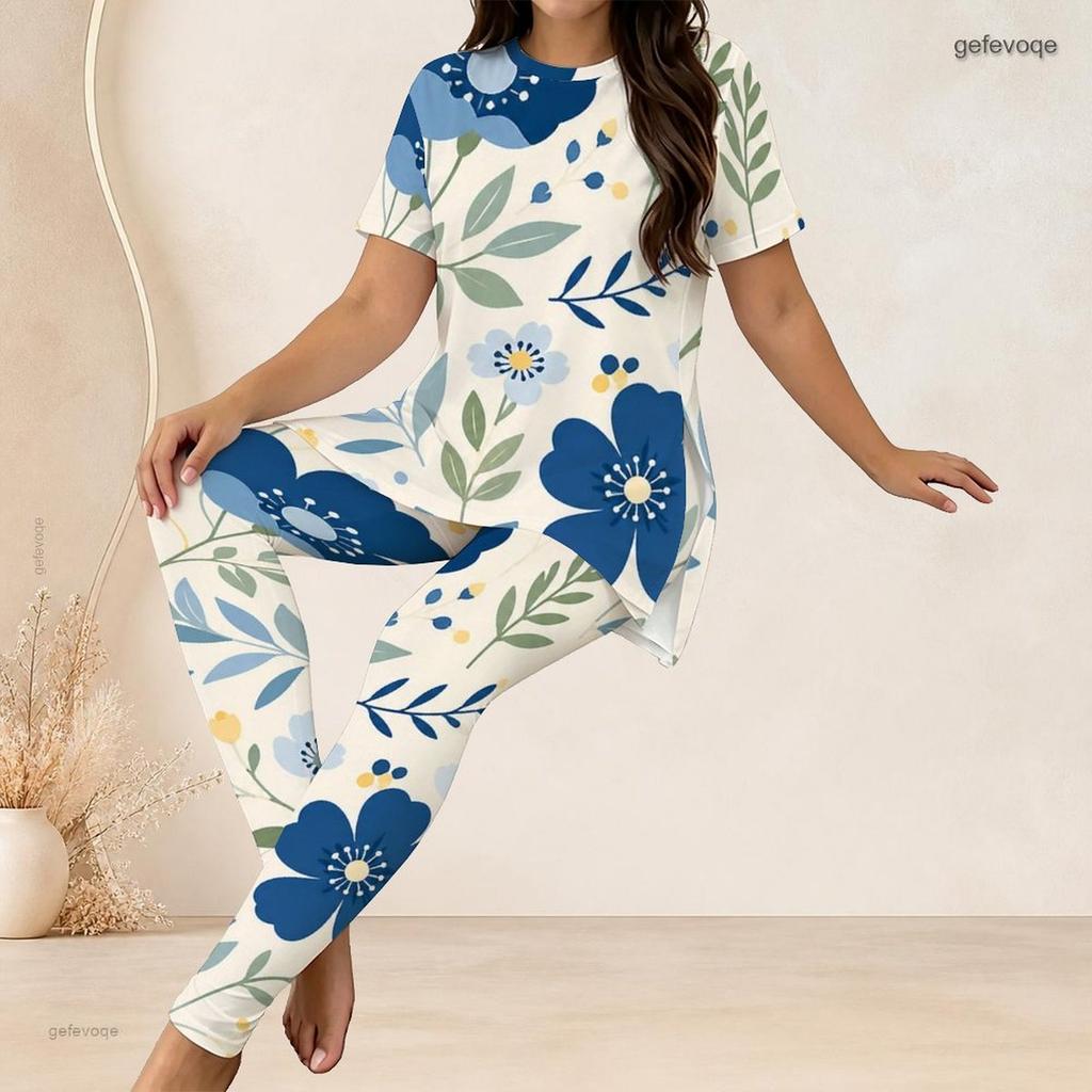 Women Plus Size Two Piece Set Round Neck Short Sleeve Floral Printed Longline Top Fitted Pants