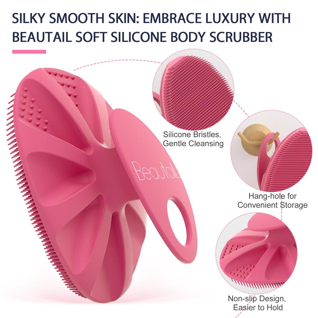 BEAUTAIL Silicone Body Scrubber for Shower and Gentle Suitable for and Sensitive Easy High 1 Pink Bath, Exfoliating, Cleansing, Loofah, Women, Men,