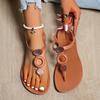 Fashion Bohemia Button Decoration T Shape Sandals Women Summer Round Toe Low Heel Flip Flops Casual Ankle Strap Beach Waterproof Sandals