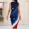Women Plus Size Round Neck Sleeveless Galaxy Star Printed Bodycon Midi Dress