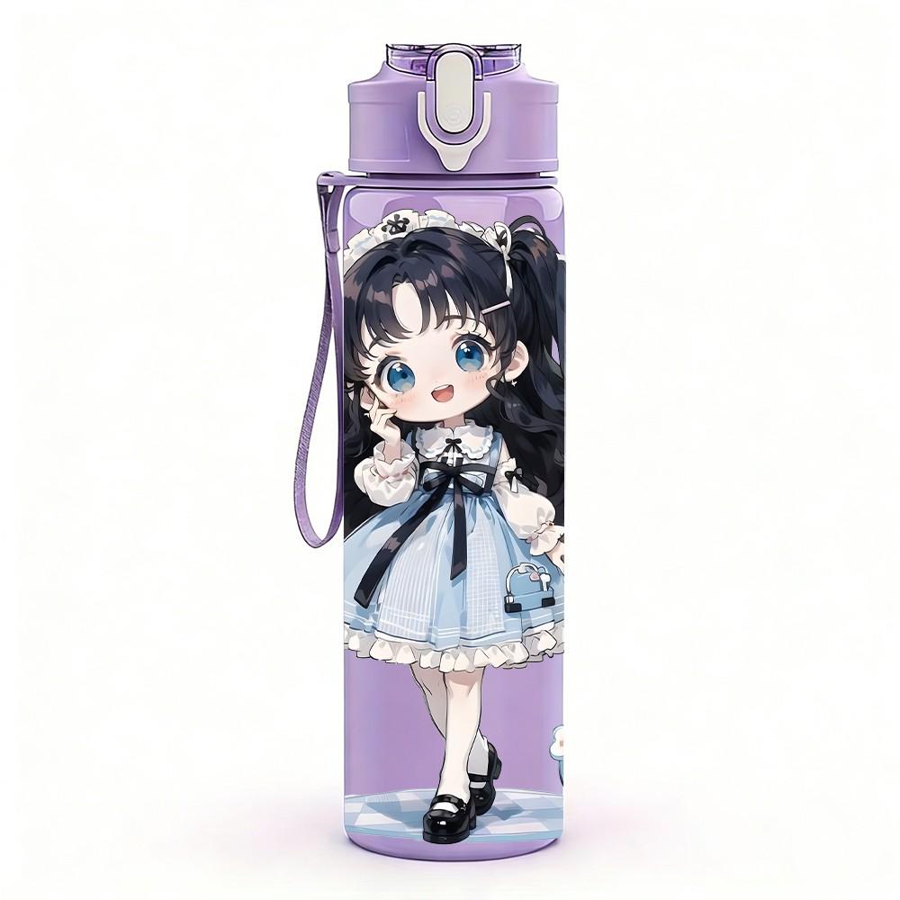 1PC Dark Blue Dress Girl Standing Pattern 750ml Color Plastic Sports Water Bottle Leakproof Flip Straw Lid Suitable for Sports Office Home Use