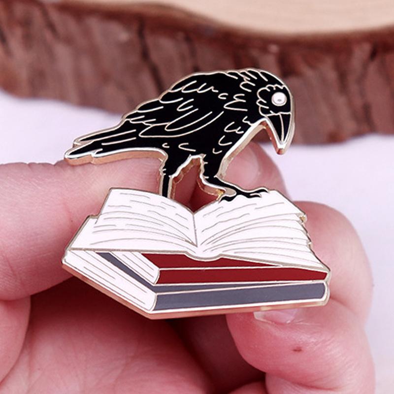 Interesting Crow and Book Enamel Pin Brooch Halloween Decoration Accessories Badge
