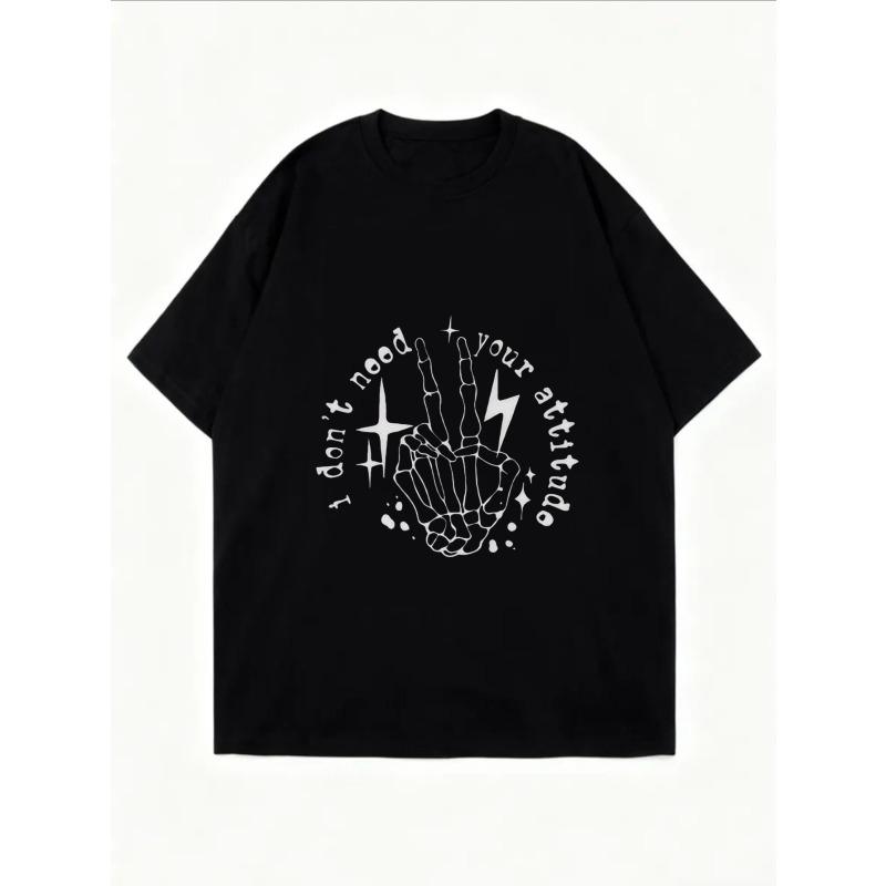 Vintage Black Oversized T-Shirt with Skeleton Hand Gesture & Star-Lightning Print – "I Don’t Need Your Attitude" Dark Edgy Graphic Top