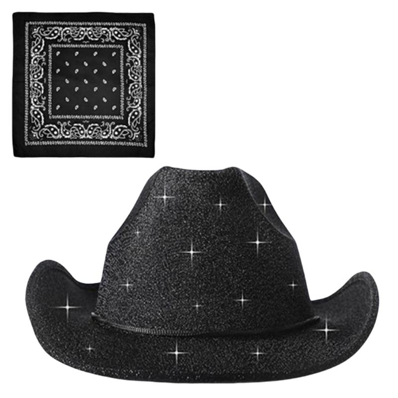 Блестящие ковбойские шляпы Шарф для волос Тяжелая блестящая шляпа для девичника Ковбойские шляпы Шляпа невесты для актера актрисы чёрный