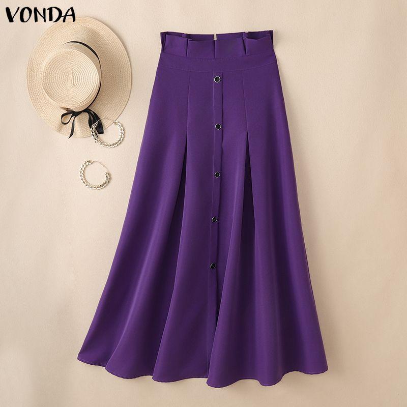 VONDA Women Zip-up Ruffled High Waist Casual Thin A-line Maxi Pleated Skirts M фиолетовый