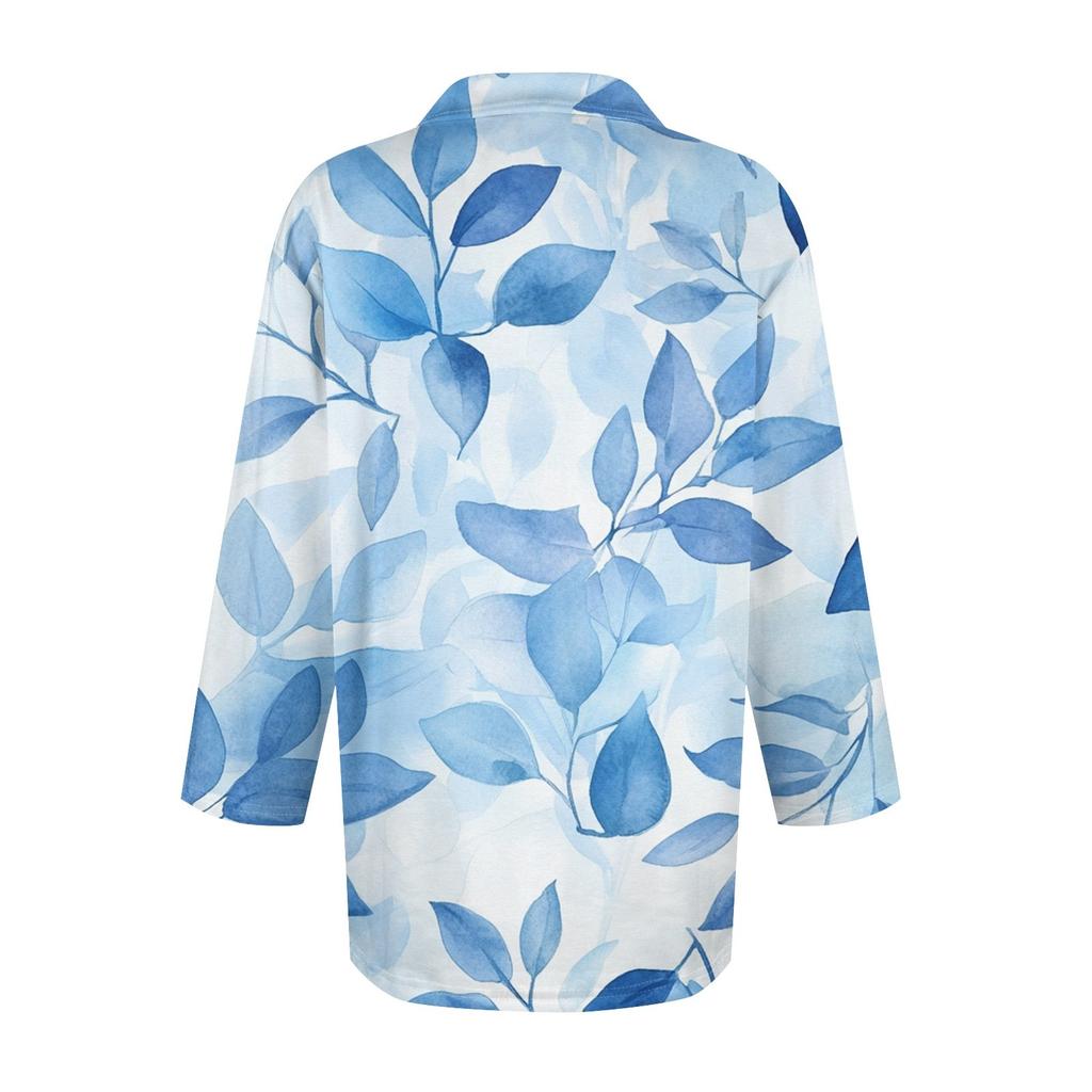 Women's Fashion Casual Button-up Seven-quarter Sleeve Floral Print Lapel Top