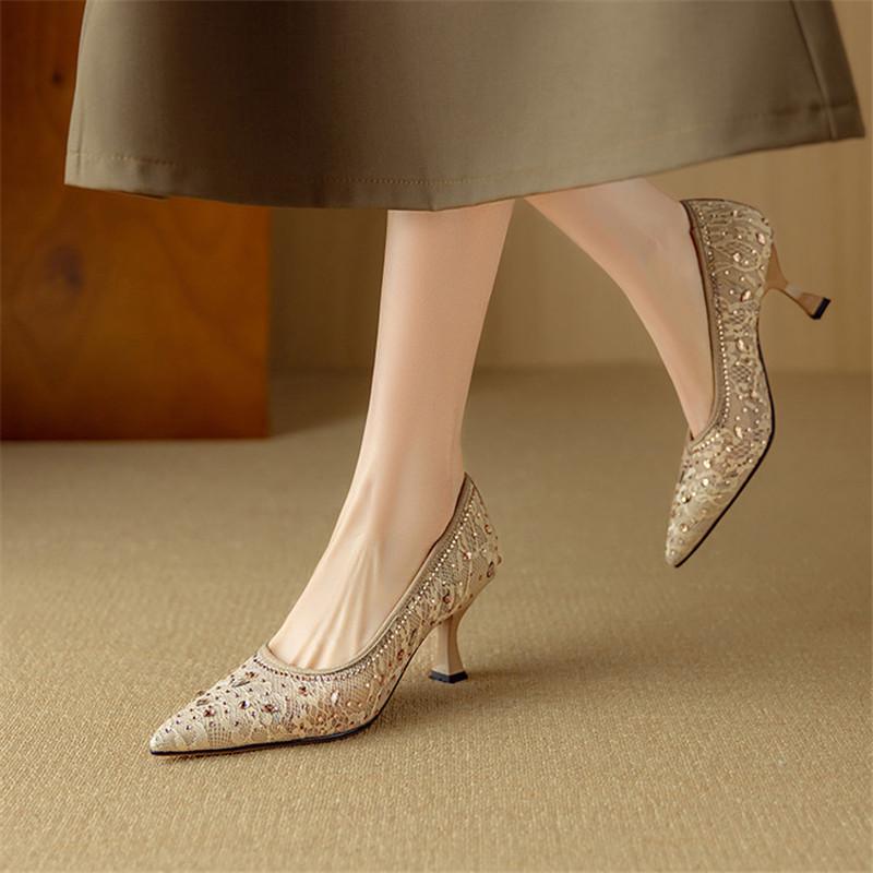 Fashion New Spring/summer Fabric Shallow Shoes for Women Fashion Lace Mesh Pointed Toe Women Pumps Breathable High Heels Apricot Black