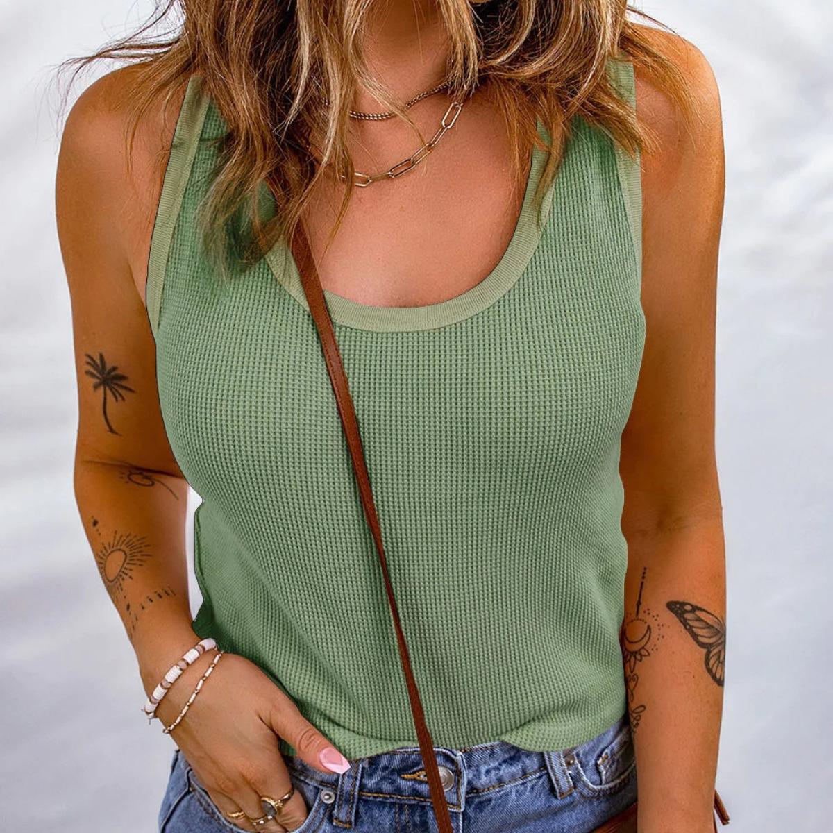 2026New Summer Women s Solid Color Waffle Knit Comfortable Vest T Shirt S зелёный