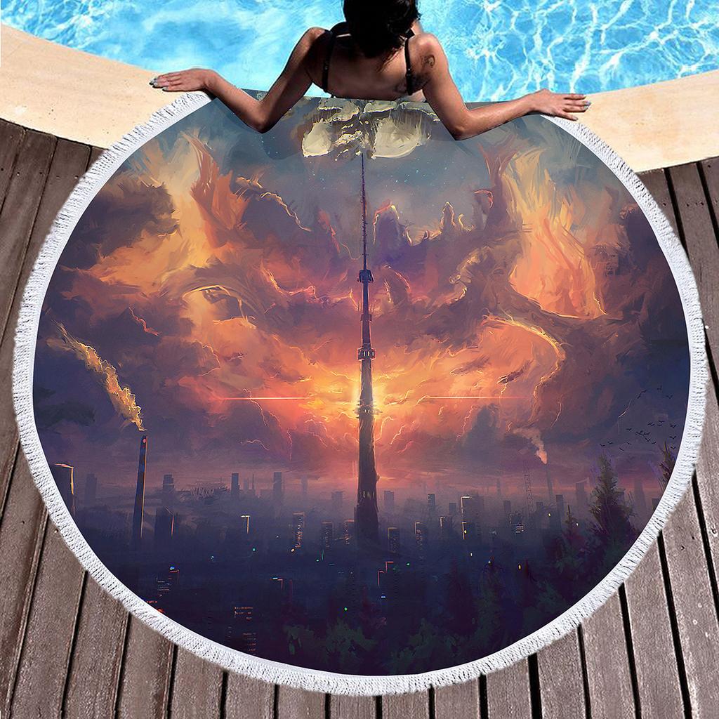 Sunrise Scenery Print Round Beach Towel,Polyester Soft Sand Resistant Beach Blanket,Absorbent Quick Dry Pool Towel Picnic Mat