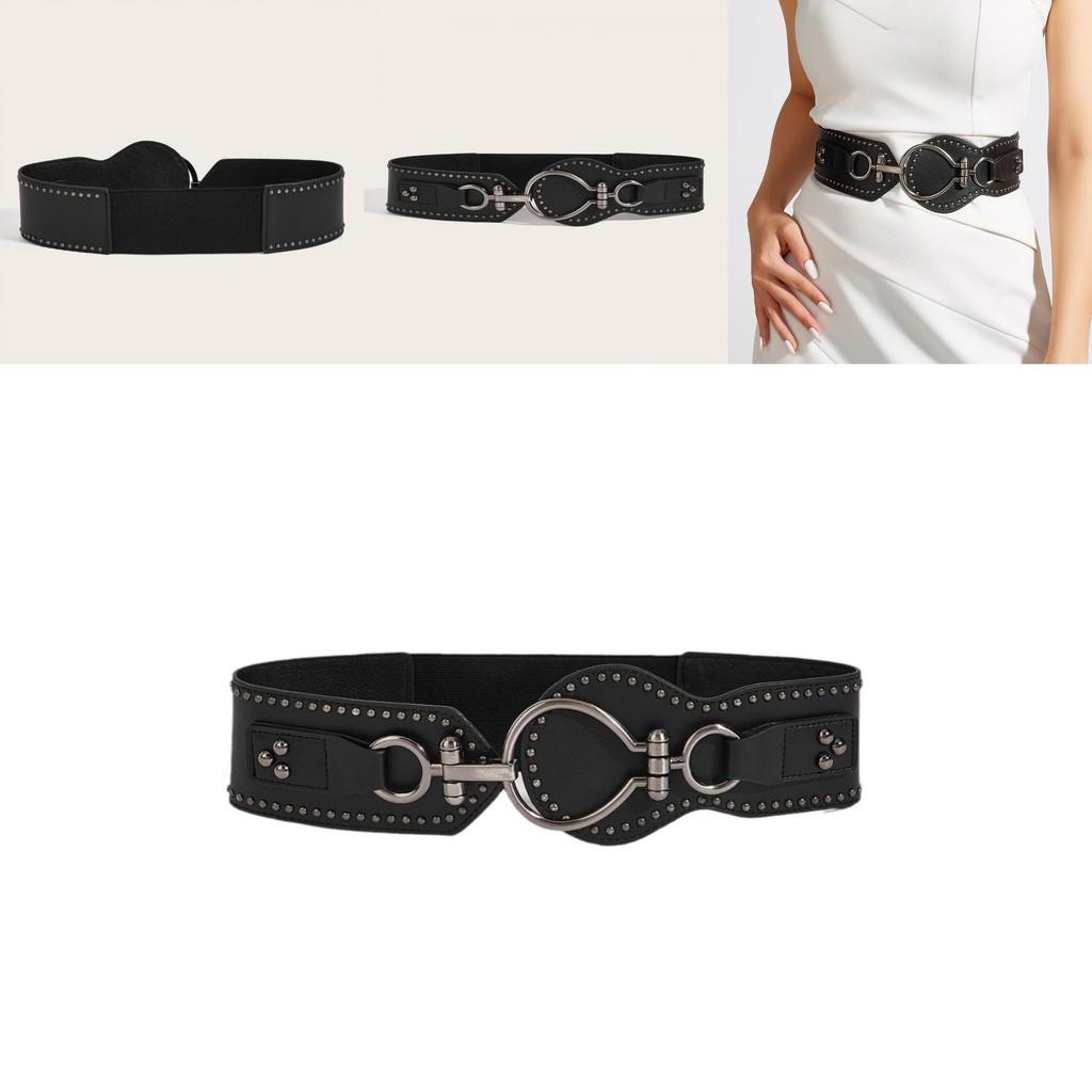 Fashion Solid Color Large Circular Buckle And Rivet Design Wide Waistband For Women