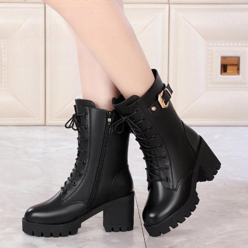 Winter Women Coarse Heel Cotton Boots Outdoor Suede Antislip Shoe Casual Mid Length  Comfortable Fashion Ladies Shoes Botas
