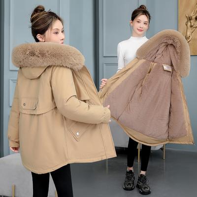 Winter New Style Style Overcomes Women's Mid Length Plush Thickened Cotton Coat Cotton Coat Middle Aged Women's Large Fur Collar Coat