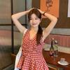 Women's Retro Hong Kong Red Plaid V-Neck Spaghetti Strap Slimming Tank Top