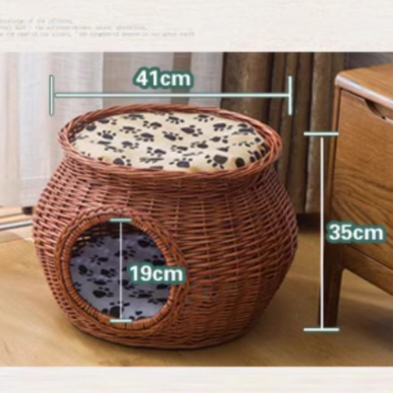 Manual Rattan Cat House Natural Wicker Weaving Durable Green Pet Nest with Thick Mat Eco-Friendly Shelter for Big Cats